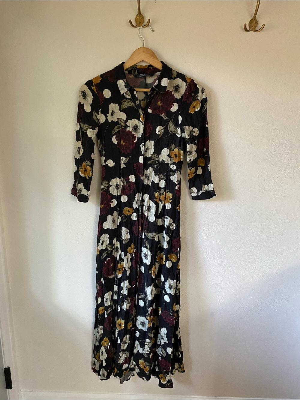 Zara Black Floral Maxi Dress with 3/4 sleeves